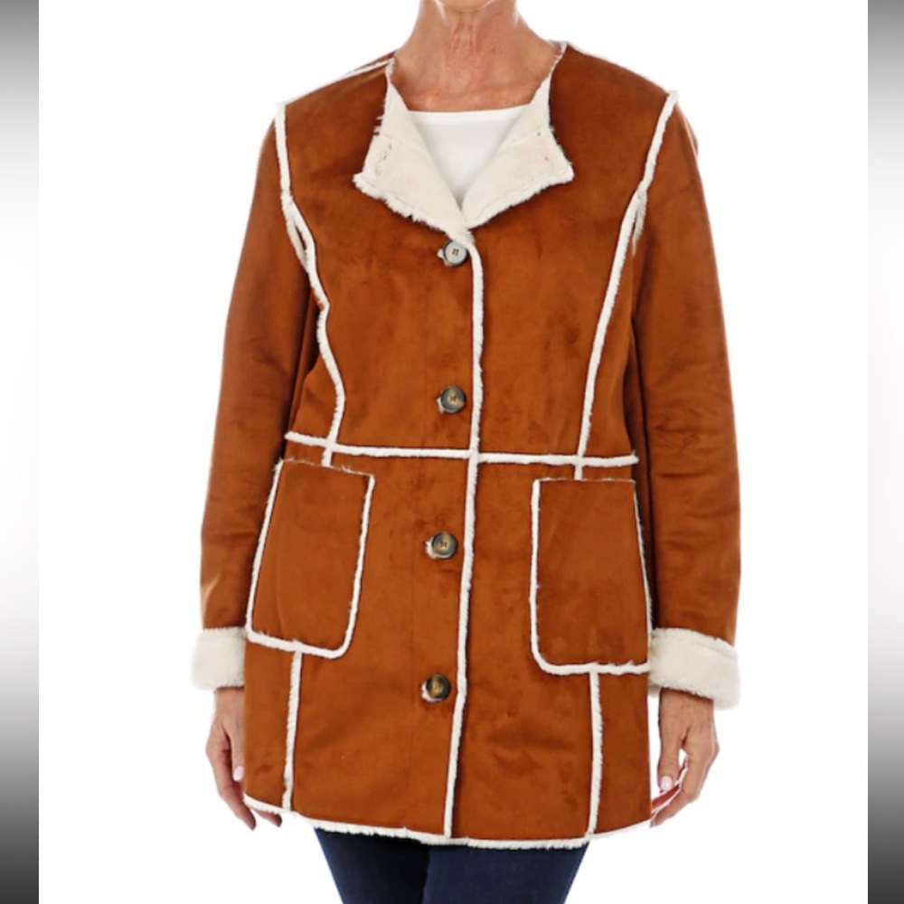 Women's Tan Teddy Jacket with Cream Accents pockets xs